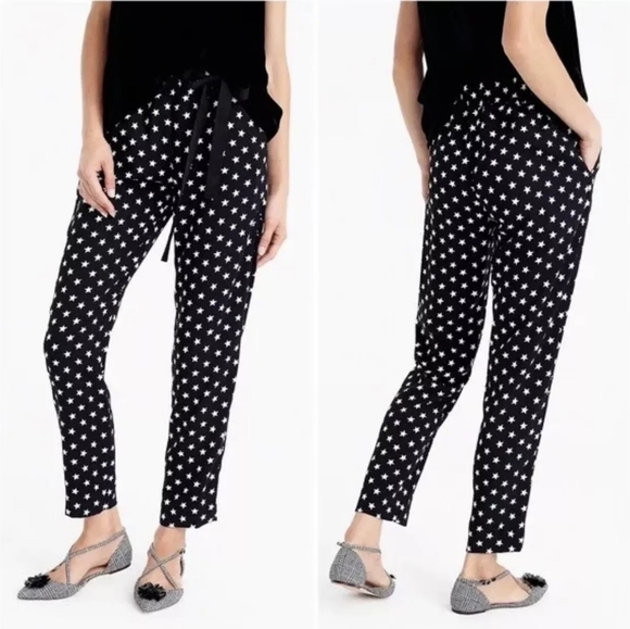 J. Crew Black Star Print Tie Front Pull On Crepe Ankle Length Trousers Office - Picture 1 of 11